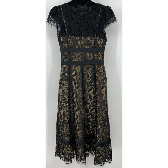 Ann Taylor Loft Dress Size 2 Tan Black Lined Lace Floral Empire Cocktail Career - Picture 4 of 8